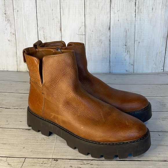 Franco Sarto Billie Lug Sole Butterscotch/Cognac Leather Ankle Platform Bootie - Picture 3 of 12